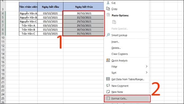 định dạng ngày tháng trong excel