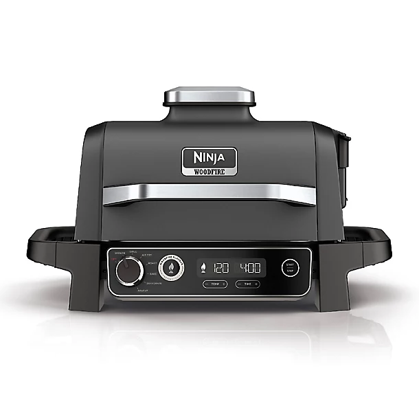 A black Ninja Woodfire Electric BBQ Grill with a digital control panel on a white background.