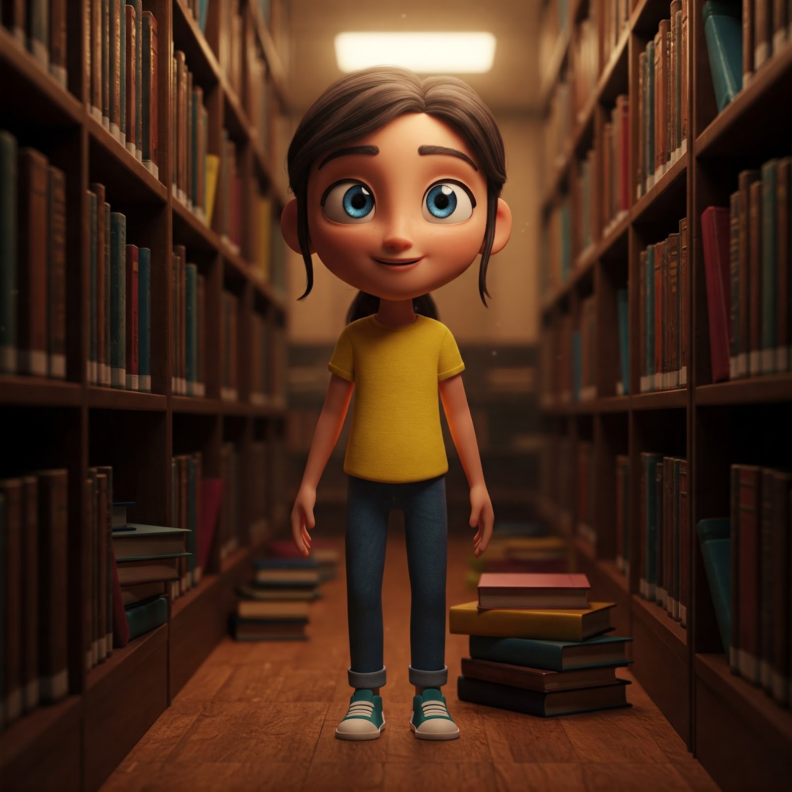 A 3D animated character in a library setting.