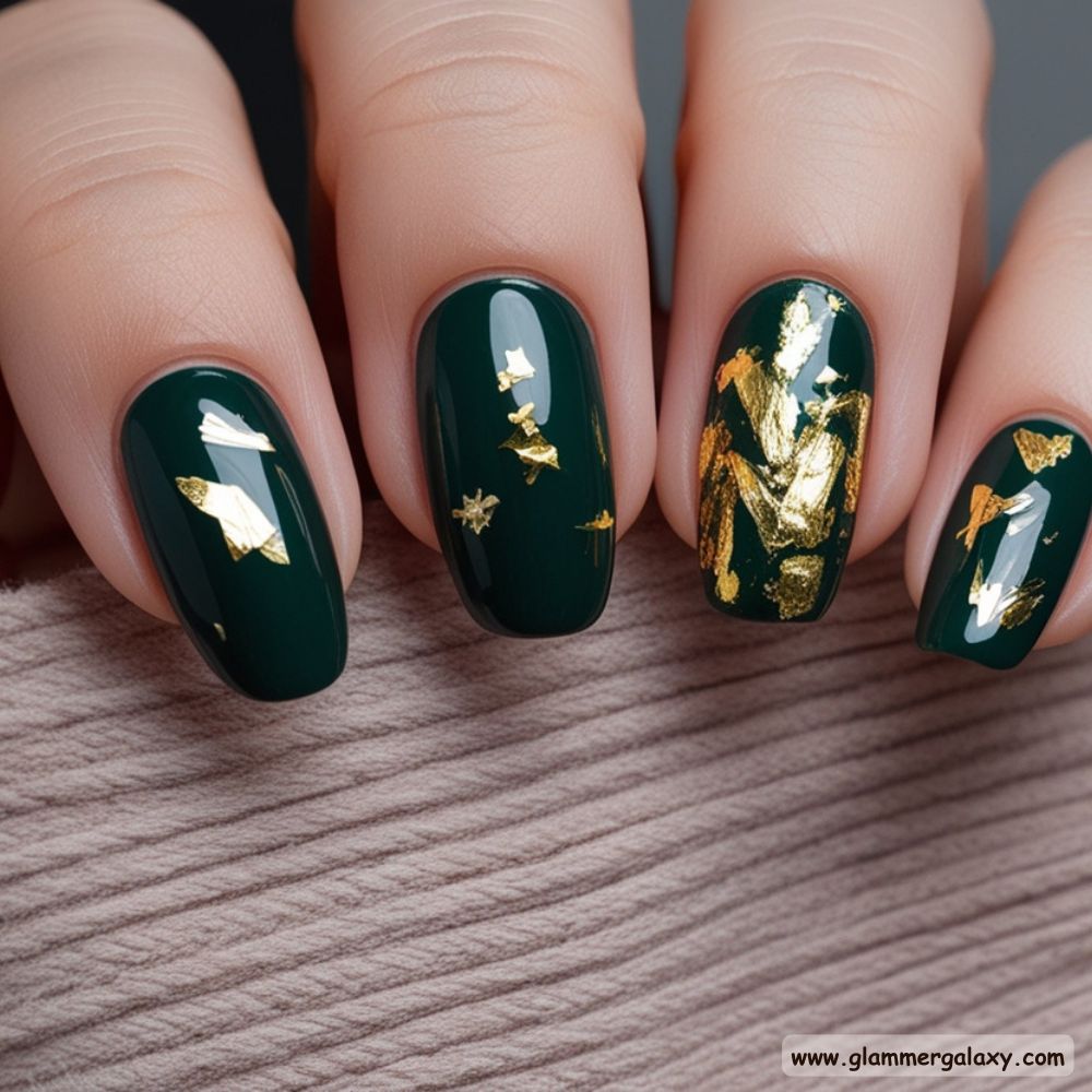Winter and Fall Dark Green Nails having Shimmering Highlights
