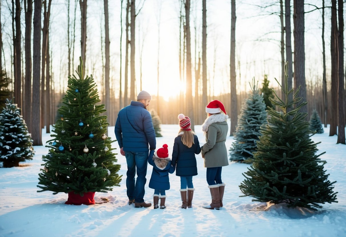 A family standing in a snowy forest, examining various Christmas trees of different shapes and sizes. The sun is setting, casting a warm glow over the scene