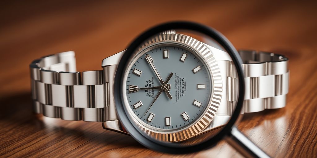 Close-up of Rolex watch with magnifying glass