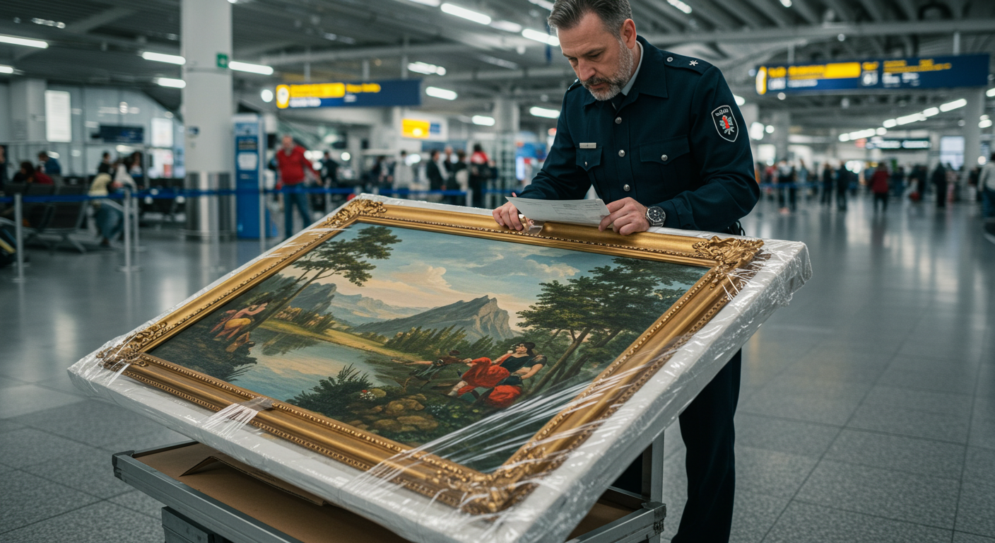 Customs officer examining a large painting at the airport