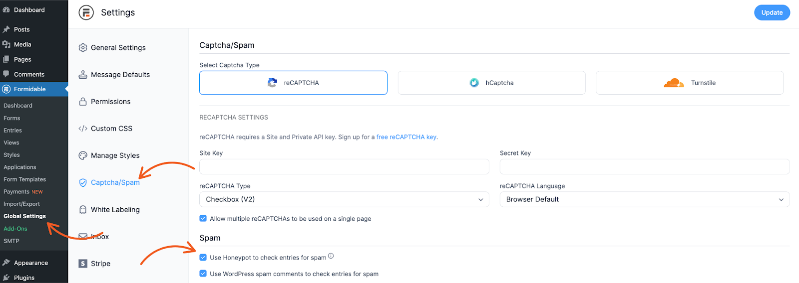 Screenshot with guide for how to use our WordPress form anti-spam Honeypot settings for spam protection.