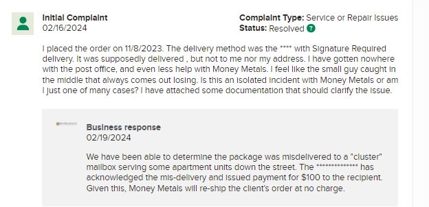 Money Metals Exchange complaint