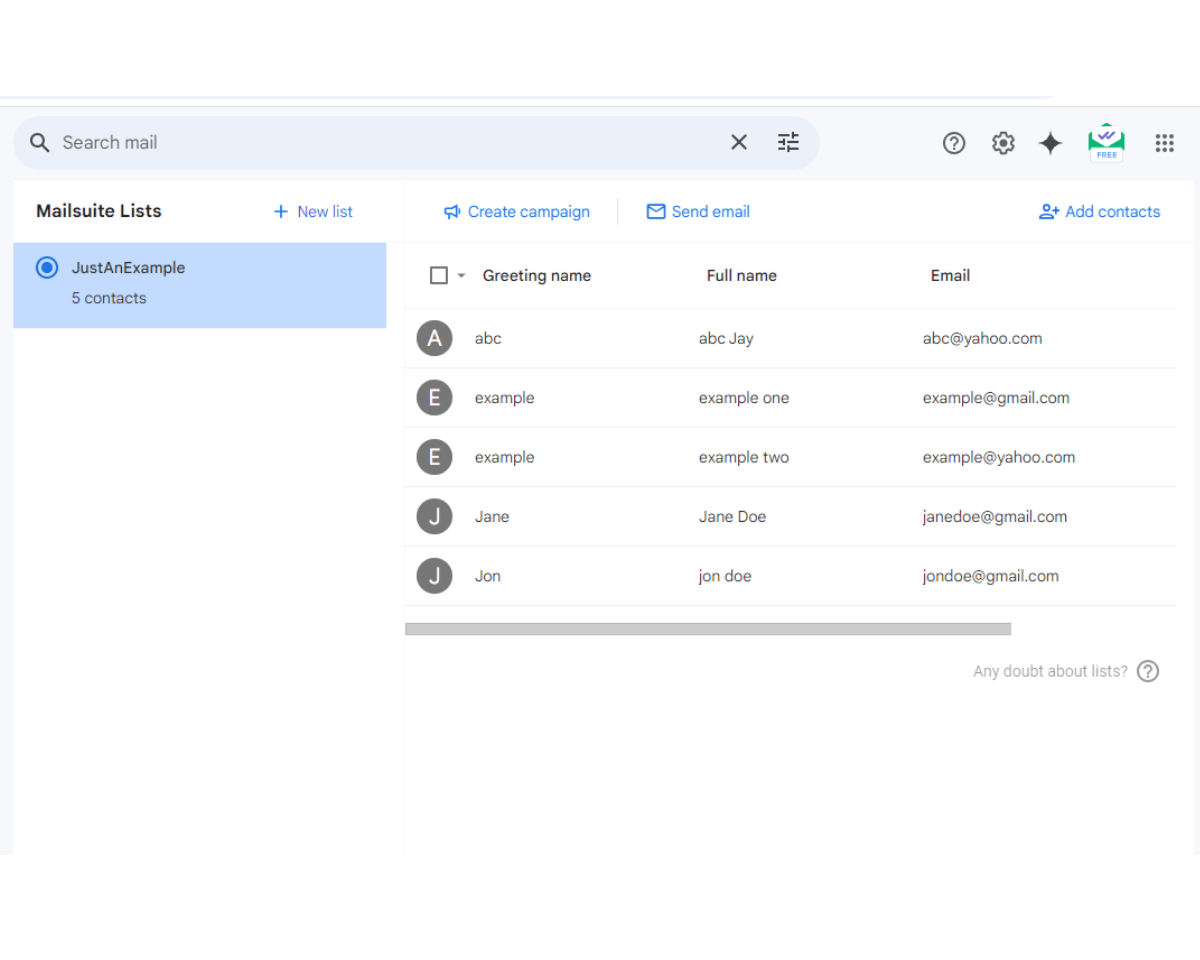 How to create email groups in Gmail with Mailsuite: Mailsuite list with updated fields