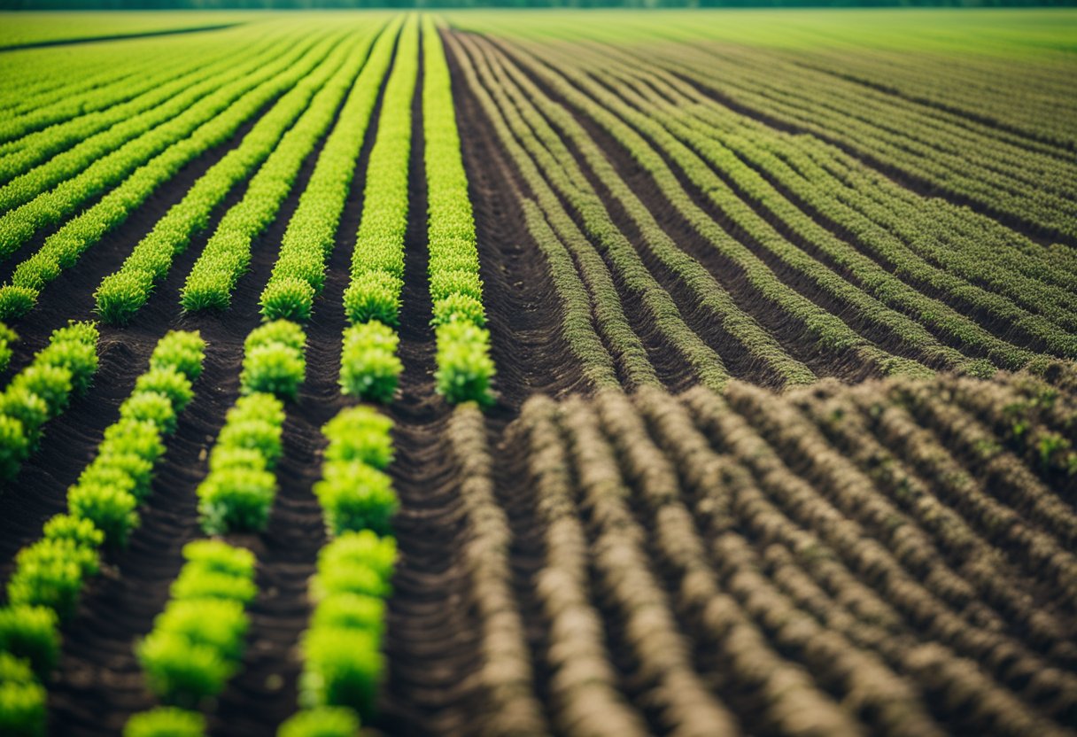 A lush green field with rows of crops, one side treated with synthetic fertilizers and the other with organic fertilizers. The synthetic side appears more uniform and vibrant, while the organic side shows a variety of plant heights and colors