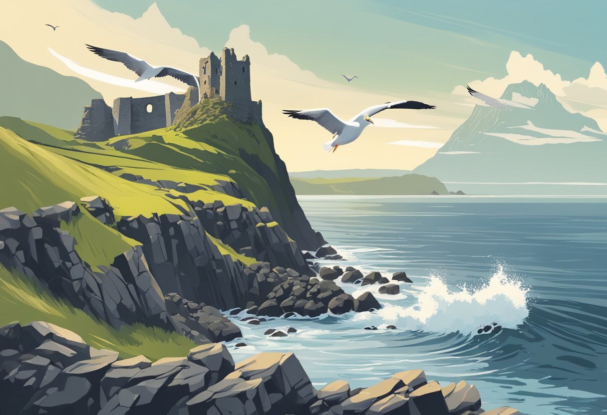 A rugged coastal cliff with ruins of Kinbane Castle overlooking the sea. Waves crash against the rocks below, and seagulls soar in the sky