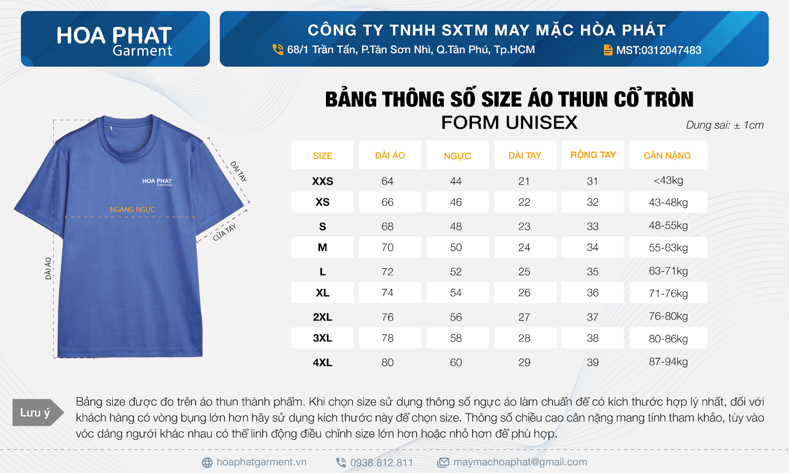 bảng size áo thun cổ tròn unisex