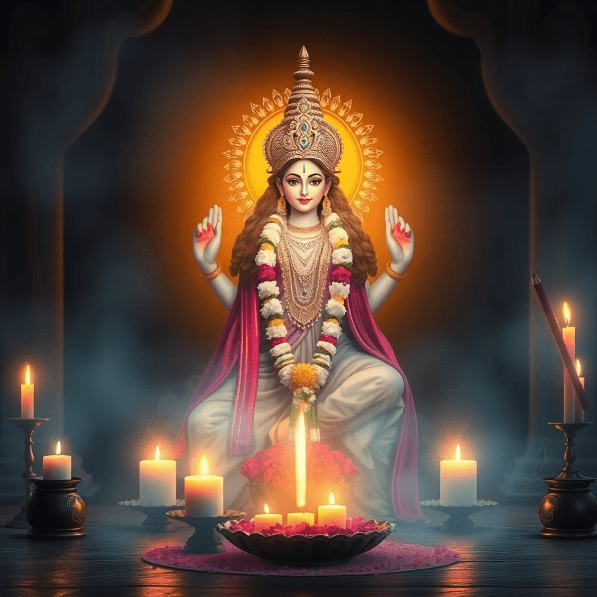 A serene depiction of Goddess Gauri surrounded by soft glowing lights and floral offerings, set in a tranquil temple with candles and incense, evoking calm and reverence.