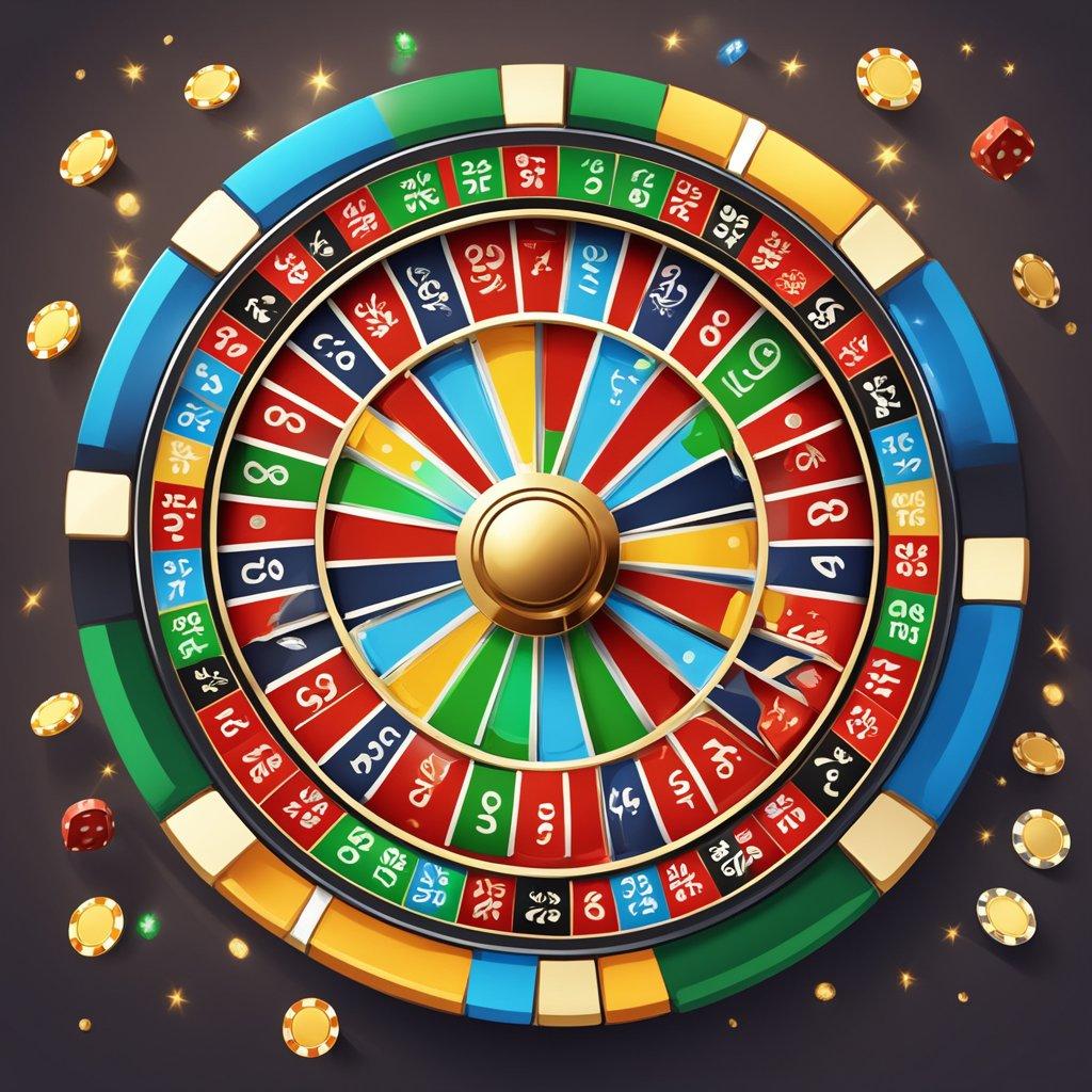 A casino chip spinning on a roulette wheel, surrounded by various symbols of luck and chance