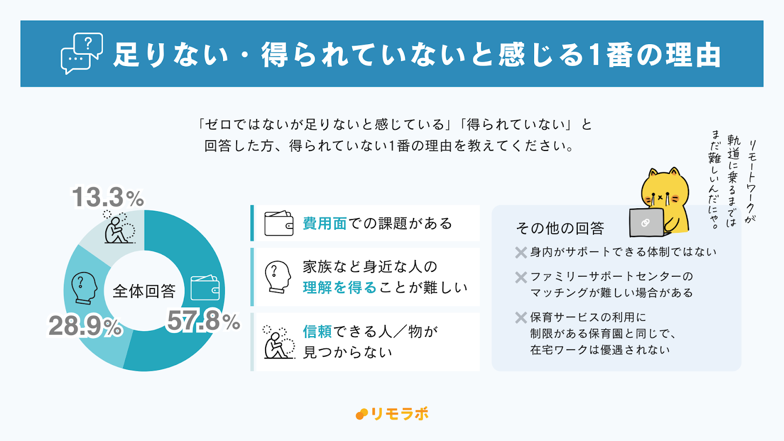 足りない・得られていない理由は？│費用面の課題57.8%、家族の理解28.9%、信頼できる人・物13.3%