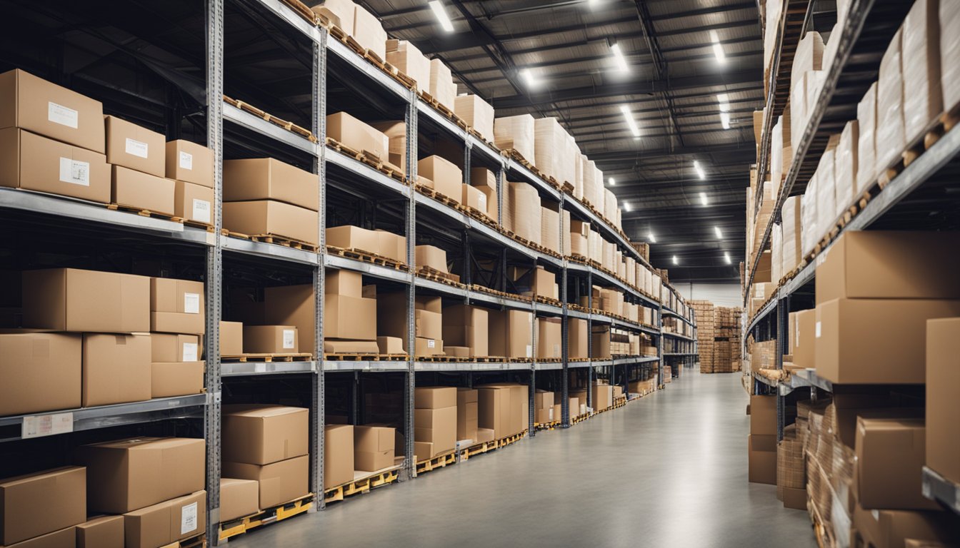 A warehouse with shelves stocked with various products. One side labeled "FBA" with Amazon packaging, the other side "FBM" with individual seller packaging