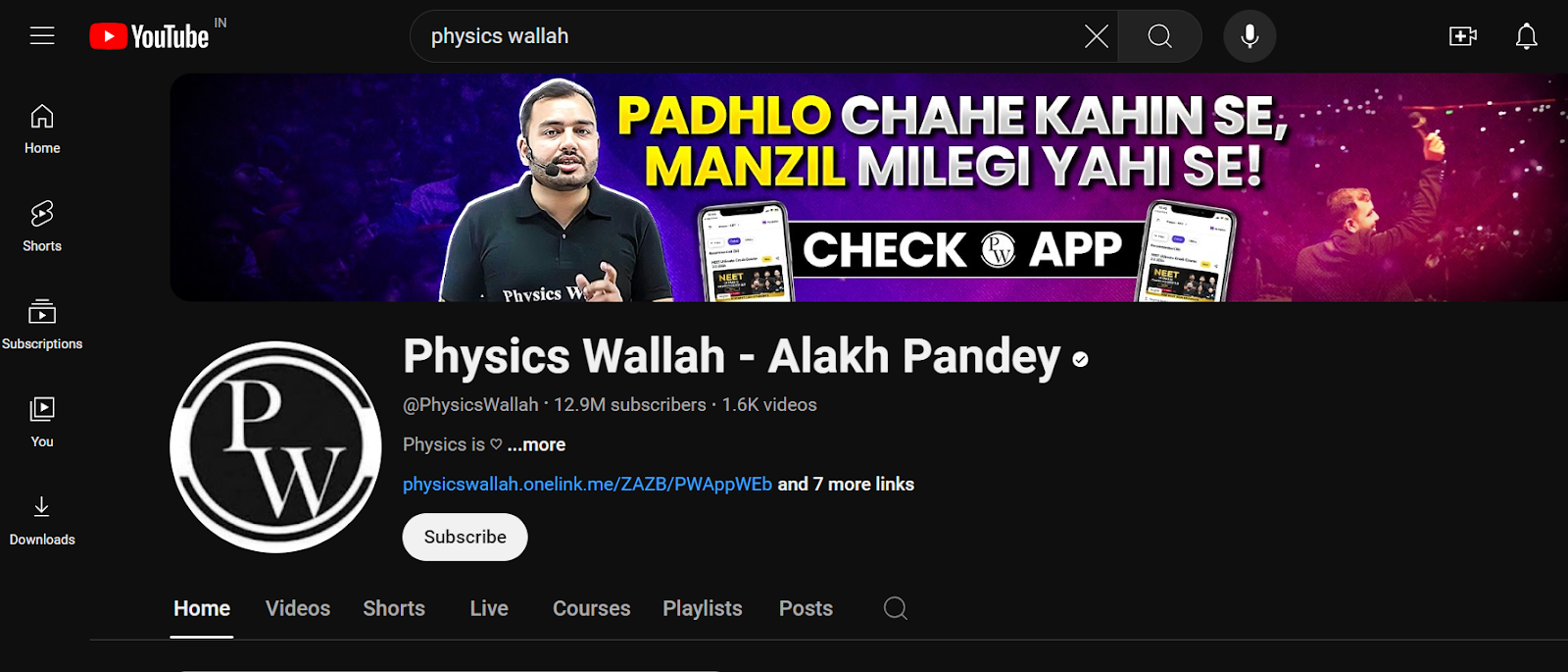 image of pyhsics wallah youtube channel