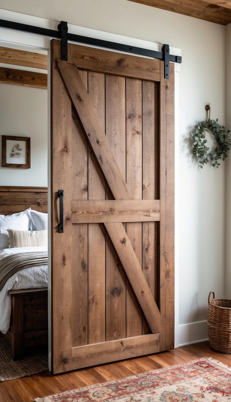 A rustic sliding barn door closet in a cozy country farmhouse bedroom