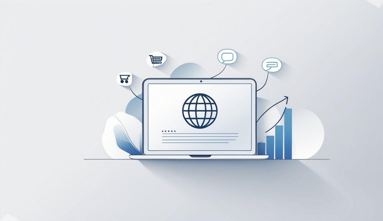 A laptop displaying a globe icon surrounded by icons of a shopping cart, chat bubble, and bar chart on a white gradient background.