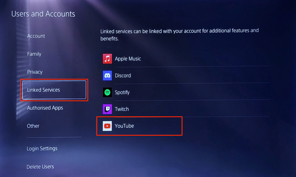 PS5 "Linked Services" settings page