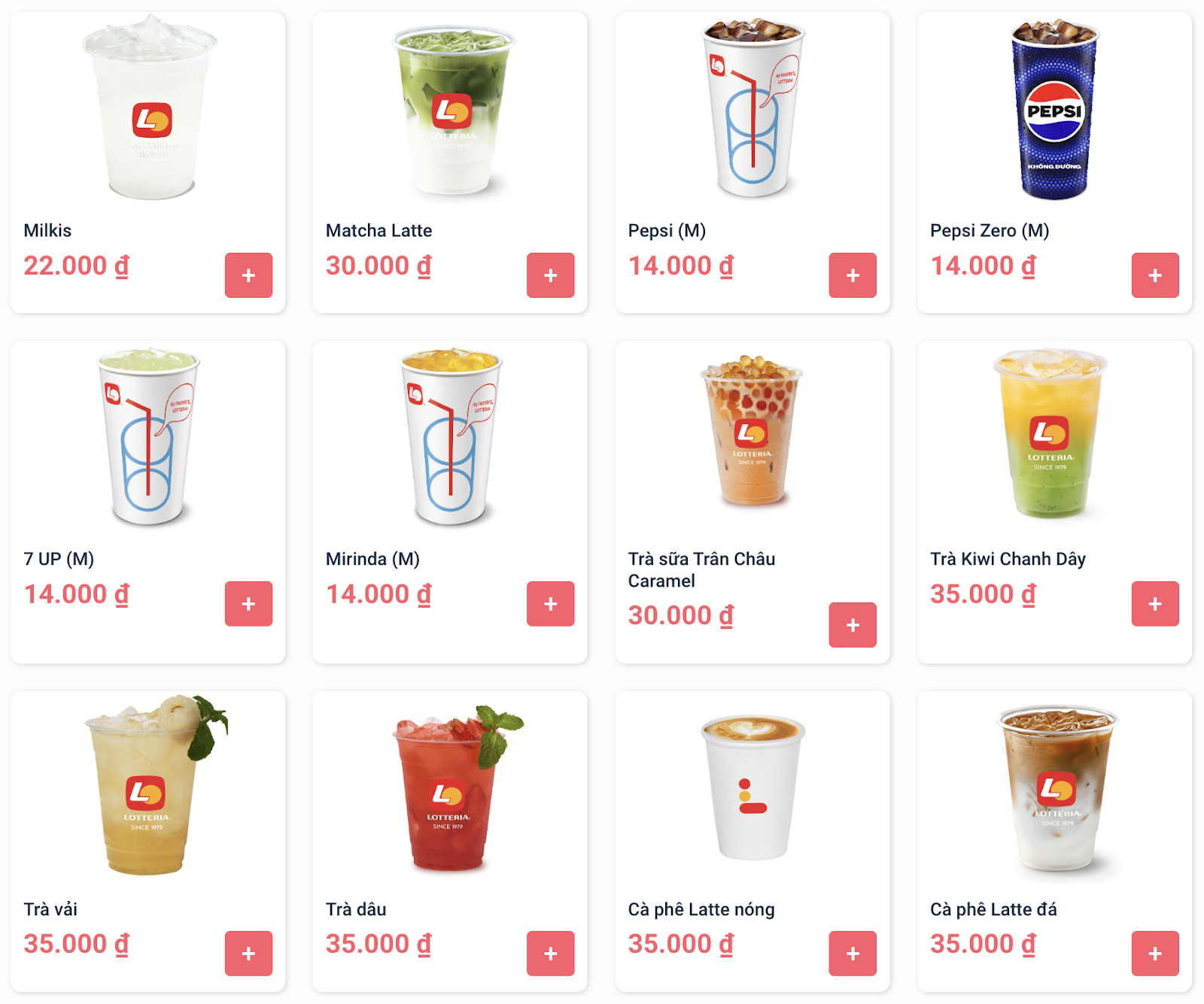 Menu Lotteria: đồ uống