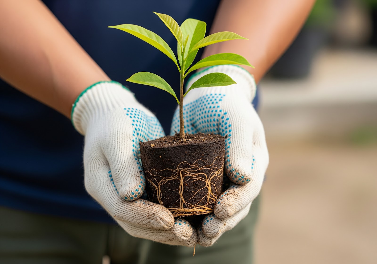 Mãos enluvadas segurando uma muda jovem de atemoia com raízes expostas, pronta para ser plantada em um vaso ou solo.
