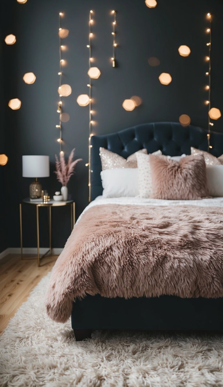 A plush shag rug in a dark, feminine bedroom