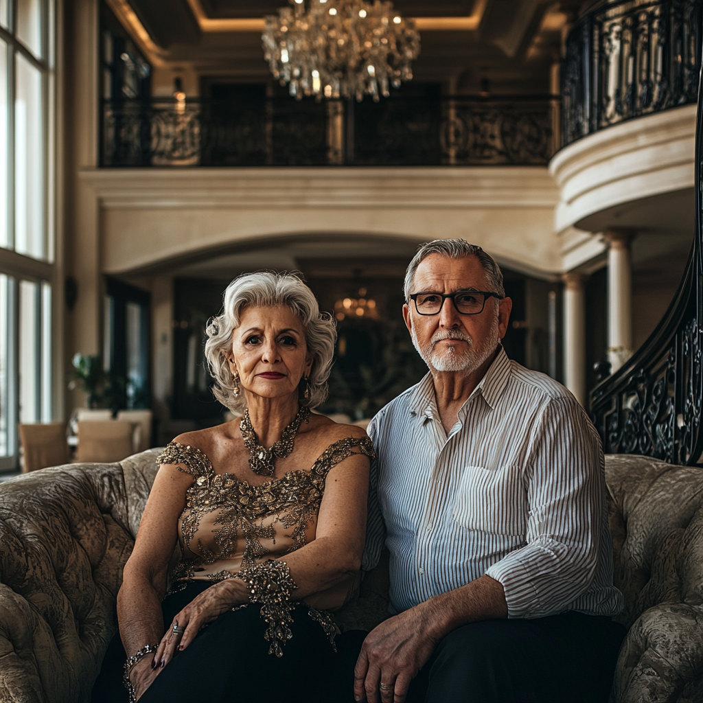 Senior couple seated in a luxurious house | Source: Midjourney