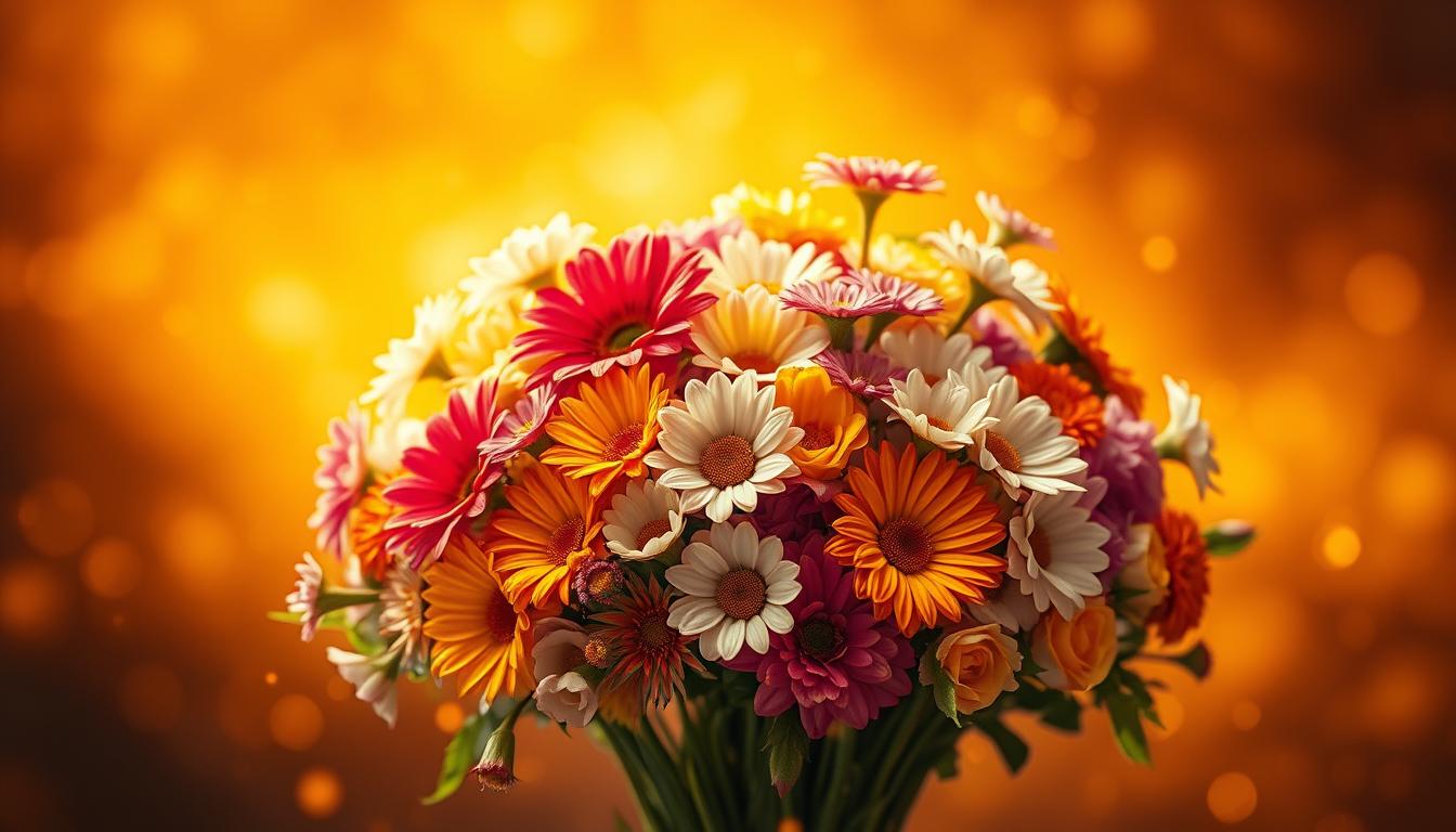 A colorful bouquet of flowers surrounded by a golden glow, representing the beauty and abundance that comes from practicing gratitude and mindfulness. The flowers should be a mix of different types and colors, symbolizing the diverse blessings in one's life. The golden glow represents the positive energy and abundance that manifest when one is grateful and mindful. The image should evoke feelings of joy, thankfulness, and appreciation for life's blessings.