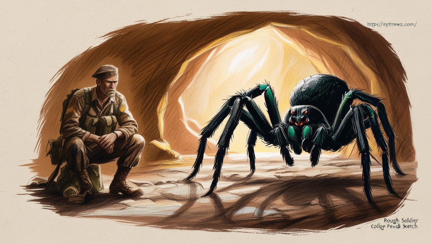 Color Page For Soldier and Spider In Cave Printable Free