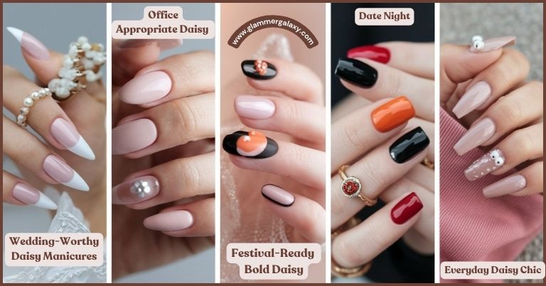 Assorted daisy-themed nail art designs for various occasions, labeled accordingly, showcasing versatility and creativity.