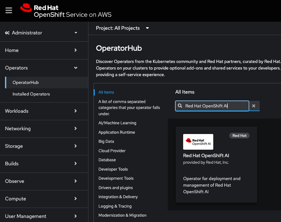 Screenshot of OperatorHub in the console