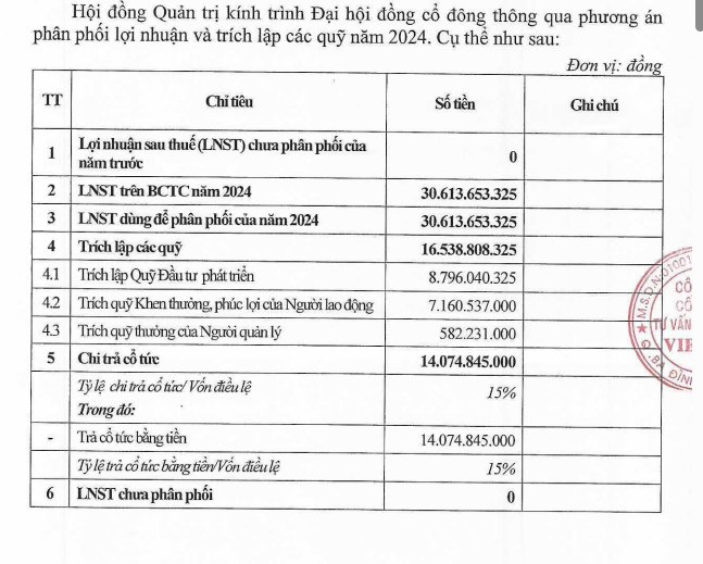 Phương án phân phối lợi nhuận và trích lập các quỹ 2024 của VTK (Nguồn: Tờ trình đại hội đồng cổ đông 2024)