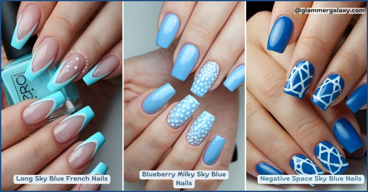 A collage of three images featuring different blue nail designs: long sky blue French nails, blueberry milky sky blue nails, and negative space sky blue nails.