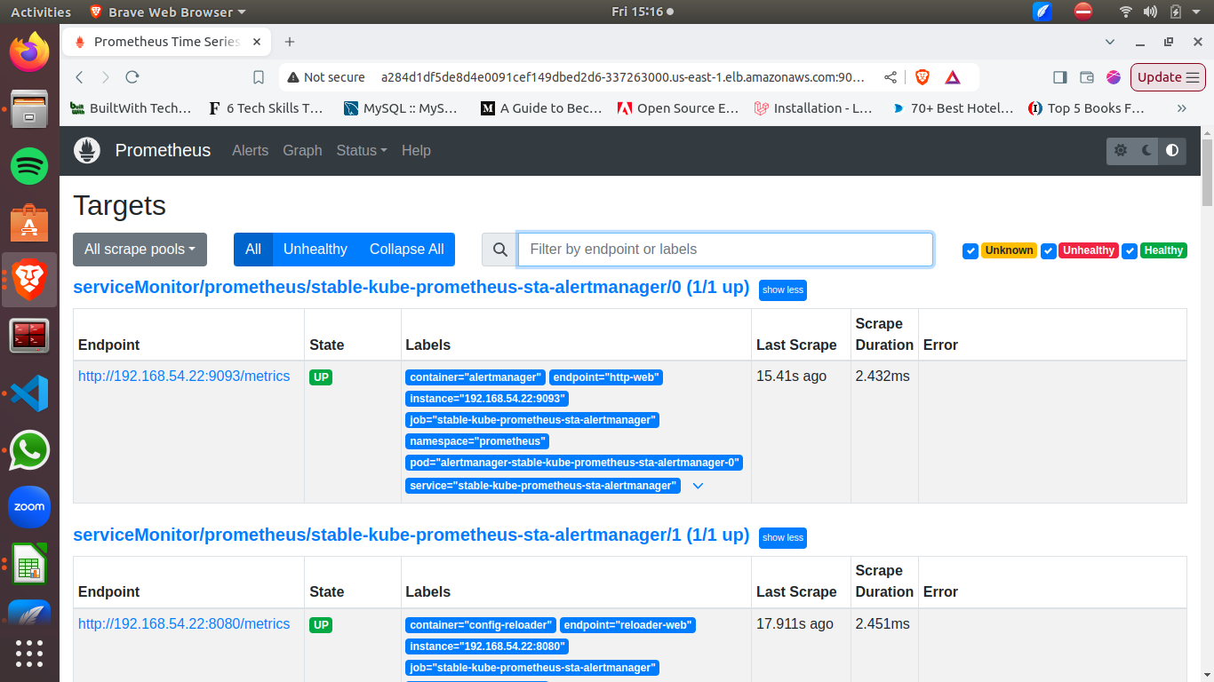  Prometheus dashboard showing the "Targets" page with active scrape pools, including details such as endpoints, state, labels, last scrape, scrape duration, and errors for Prometheus Alertmanager services.