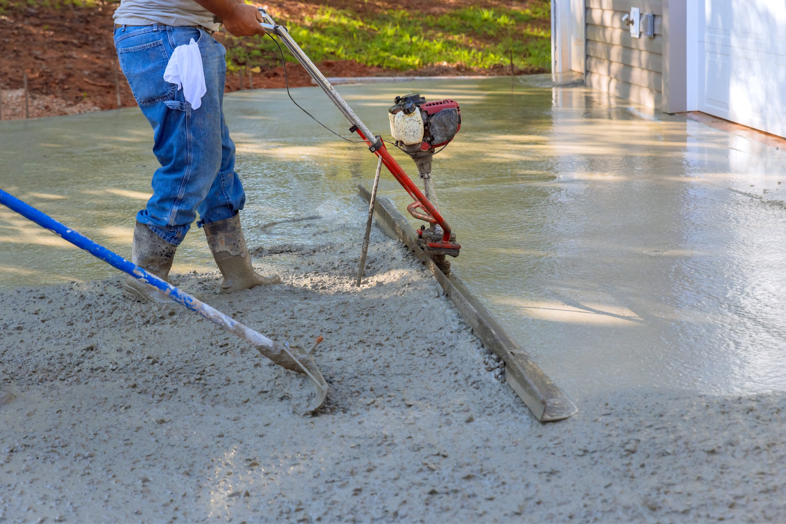 A contractor paving a concrete driveway.