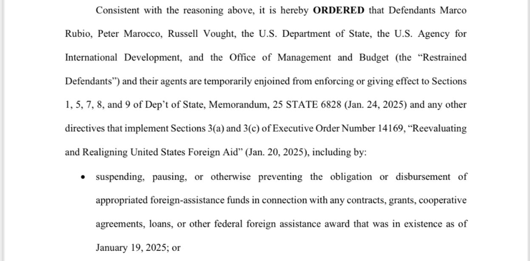 Ruling delivered by US District Judge Amir Ali blocking Trump administration’s freeze on foreign aid funding