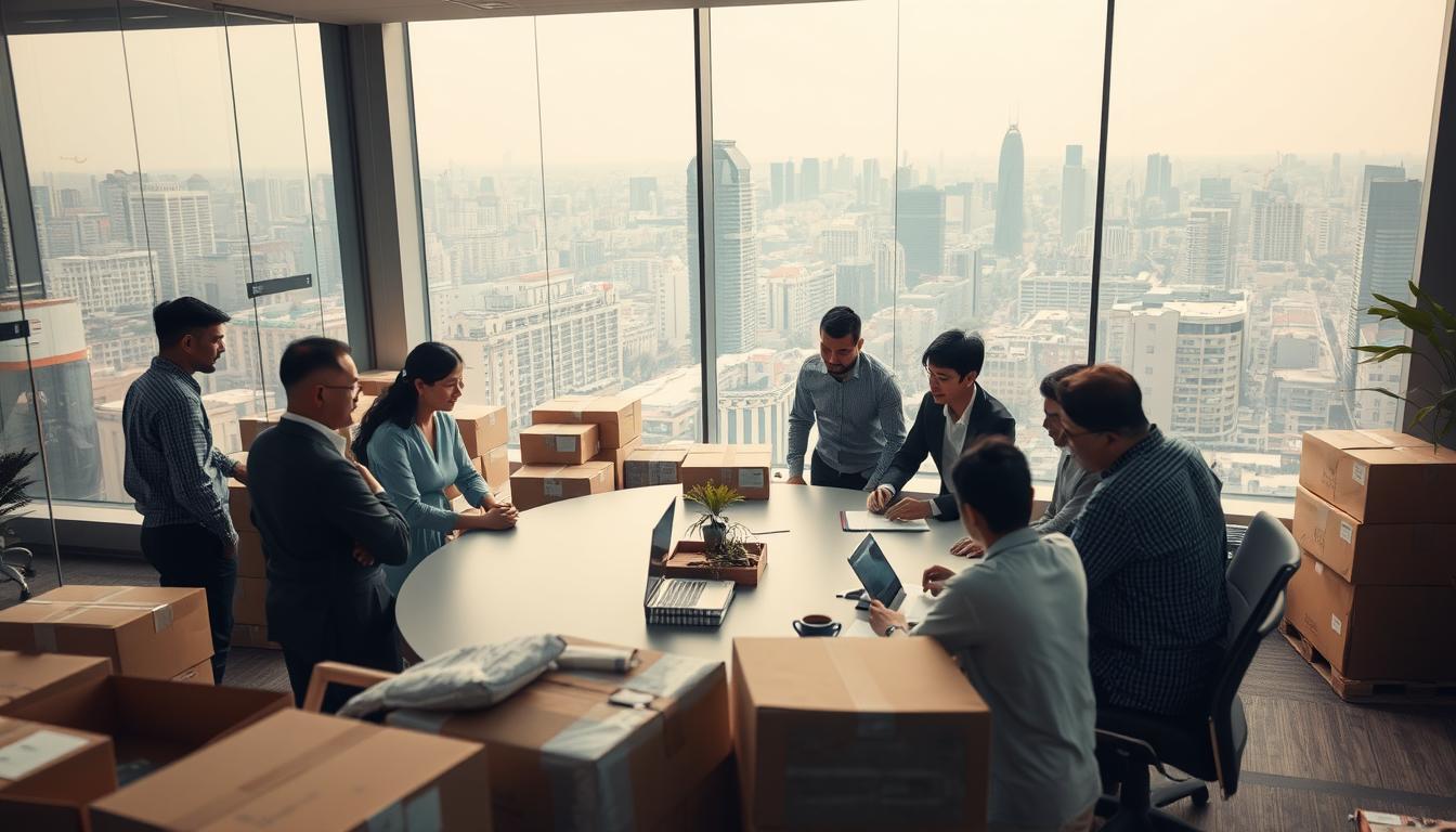 A dynamic office environment with professionals collaborating amidst the challenges of a business relocation in Bangladesh. In the foreground, a team gathered around a conference table, discussing logistics and strategies. The middle ground showcases carefully packed boxes and office equipment ready for transport. In the background, a view of the bustling city skyline, highlighting the complexity of urban infrastructure. Soft, warm lighting illuminates the scene, creating an atmosphere of focused determination. A wide-angle lens captures the full scope of the relocation process, emphasizing the collaborative nature of overcoming the hurdles of changing locations.