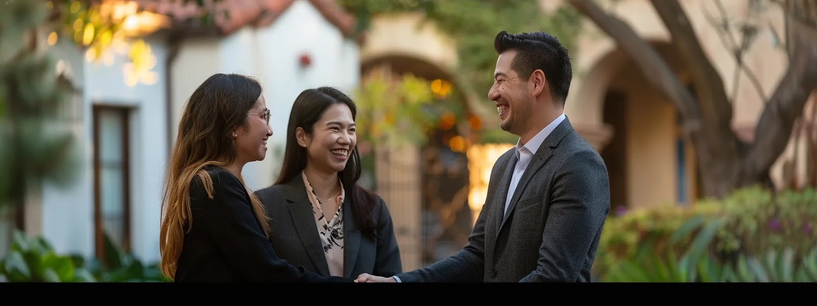 a couple smiling as they shake hands with a confident, trustworthy real estate agent in front of a beautiful home.