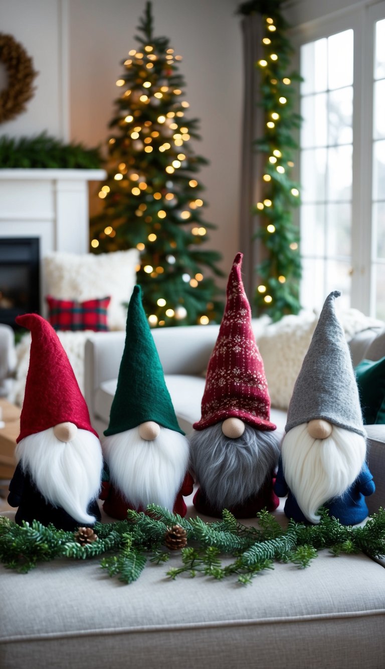 A cozy living room adorned with Scandinavian gnome decorations, including felt hats, fluffy beards, and rosy cheeks. Twinkling lights and evergreen garlands add to the festive ambiance