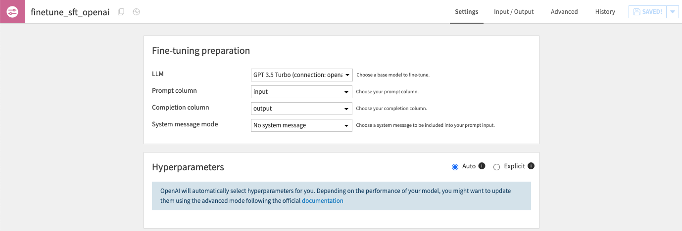 In the recipe interface, the Hyperparameters section is in “Auto” mode by default,  but can be turned to “Explicit” for manual adjustments. 