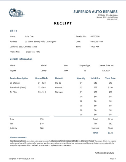 Receipt Templates Word: Auto Service Receipt Template by WordLayouts