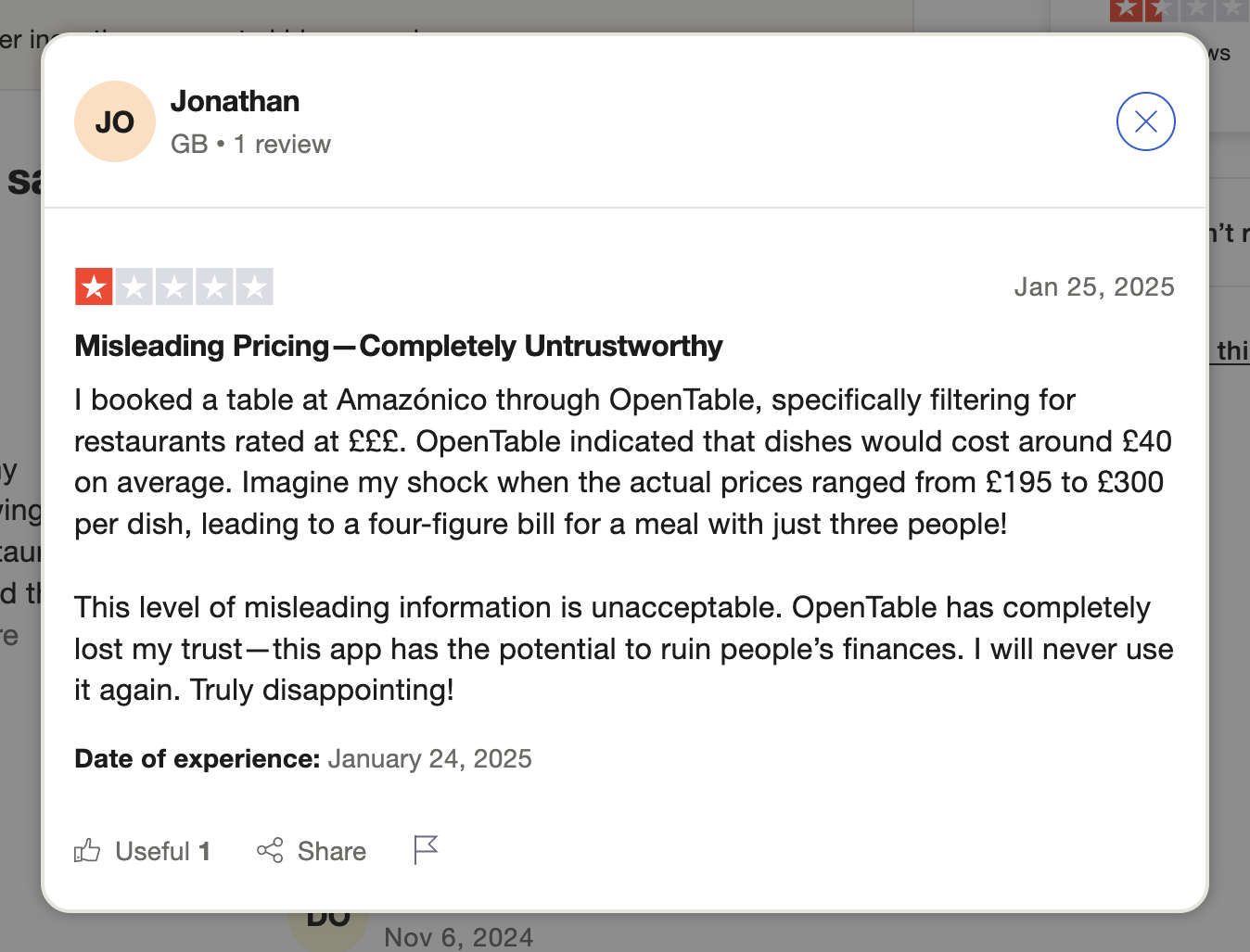OpenTable review on Trustpillot