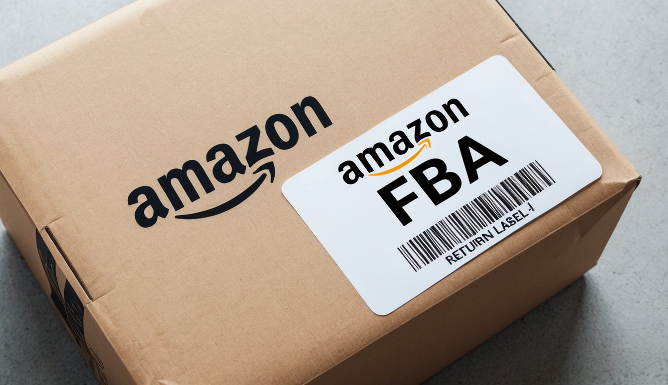 A package labeled "Amazon FBA" with a return label attached