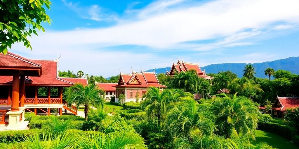 Serene Thai landscape with traditional architecture and greenery.