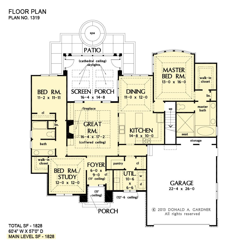 Main level floor plan of a single-story 3-bedroom The Lucerne European cottage with foyer, great room, dining area, kitchen, utility room, three bedrooms, and a spacious screened porch.