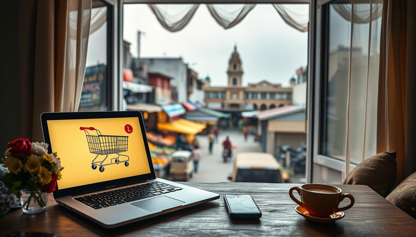 A cozy apartment in Kurukshetra, its windows overlooking a bustling street. In the foreground, a laptop and smartphone sit on a wooden table, the glow of the screen illuminating a half-filled shopping cart on the screen. Nearby, a bouquet of fresh flowers and a steaming cup of chai add warmth to the scene. The middle ground reveals a vibrant marketplace, with vendors offering local produce and spices. In the distance, the iconic Kurukshetra University stands tall, a symbol of the city's rich history and educational legacy. The lighting is soft and natural, casting a comforting ambiance over the entire composition. This image captures the evolution of grocery shopping in Kurukshetra, blending modern convenience with the enduring traditions of the region.