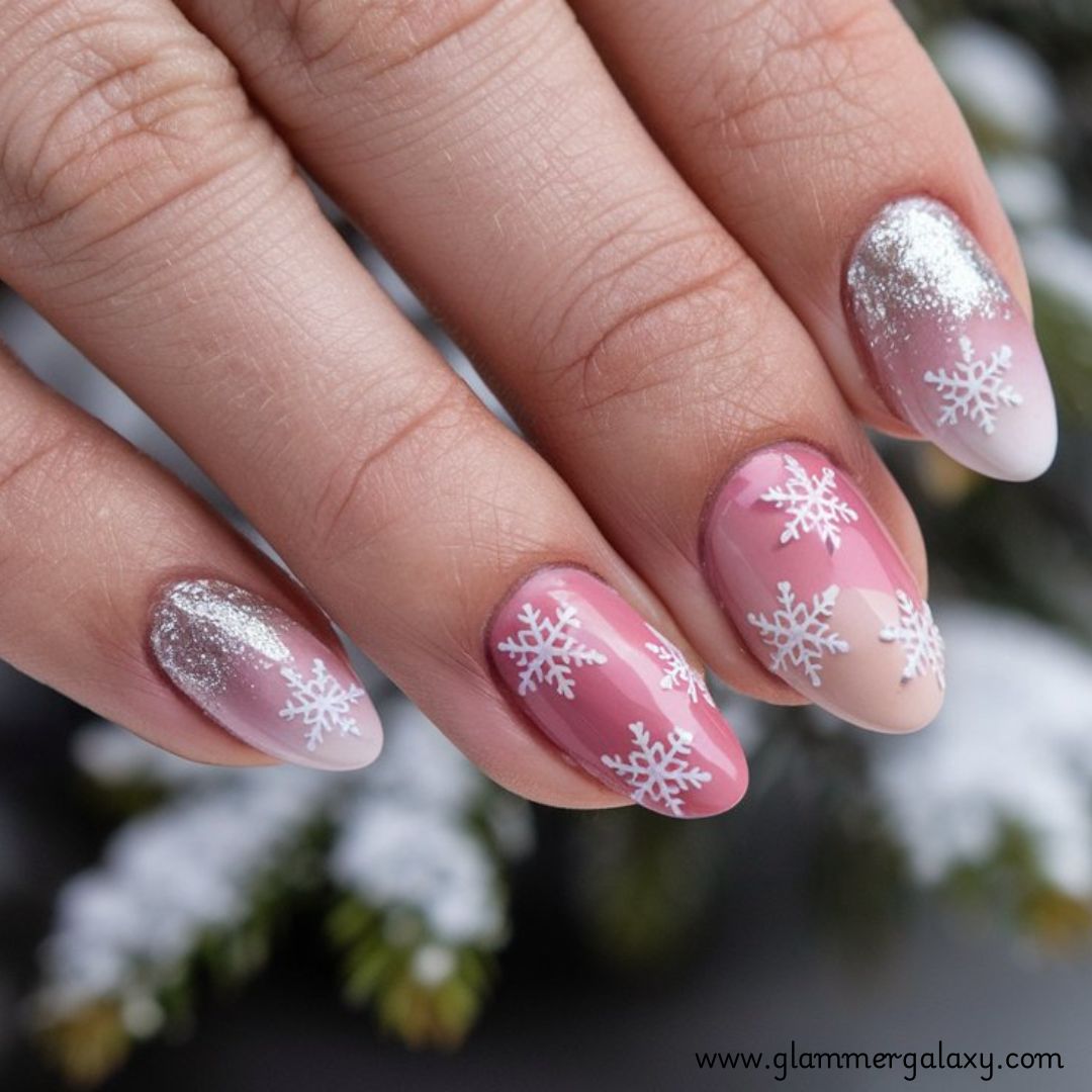 Snowflake Nails having Elegant Winter Nails with Glitter
