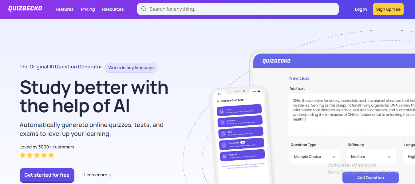 Best AI Tools in 2025 - Screenshot of Quiz Gecko AI Education