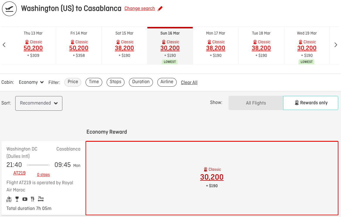 Dulles to Casablanca flight in points on Qantas