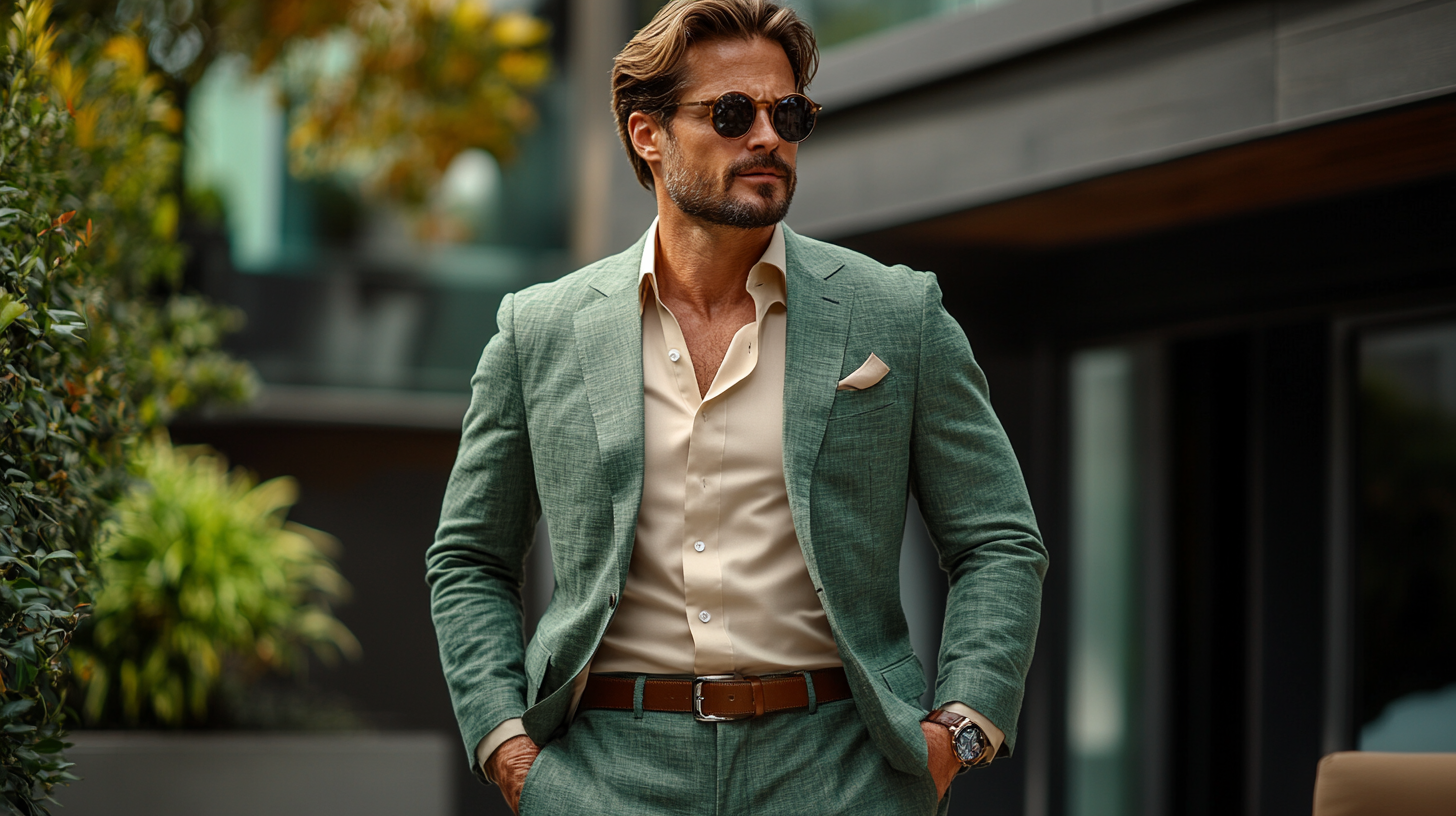 A men’s outfit featuring a green suit in olive or moss tones, paired with a beige or cream dress shirt. The neutral combination creates a calm and earthy aesthetic, perfect for relaxed or outdoor events. The suit is tailored with clean lines, styled with subtle accessories like a brown leather belt and matching shoes. The background evokes an outdoor setting, such as a garden or terrace, with soft natural lighting emphasizing the harmony of the earthy tones. Focus on the outfit details, highlighting the blend of colors without showing a full-body view