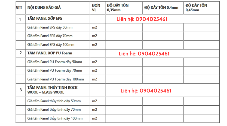 Bảng báo giá thi công Panel tại Cơ khí xây dựng Sài Gòn T&H