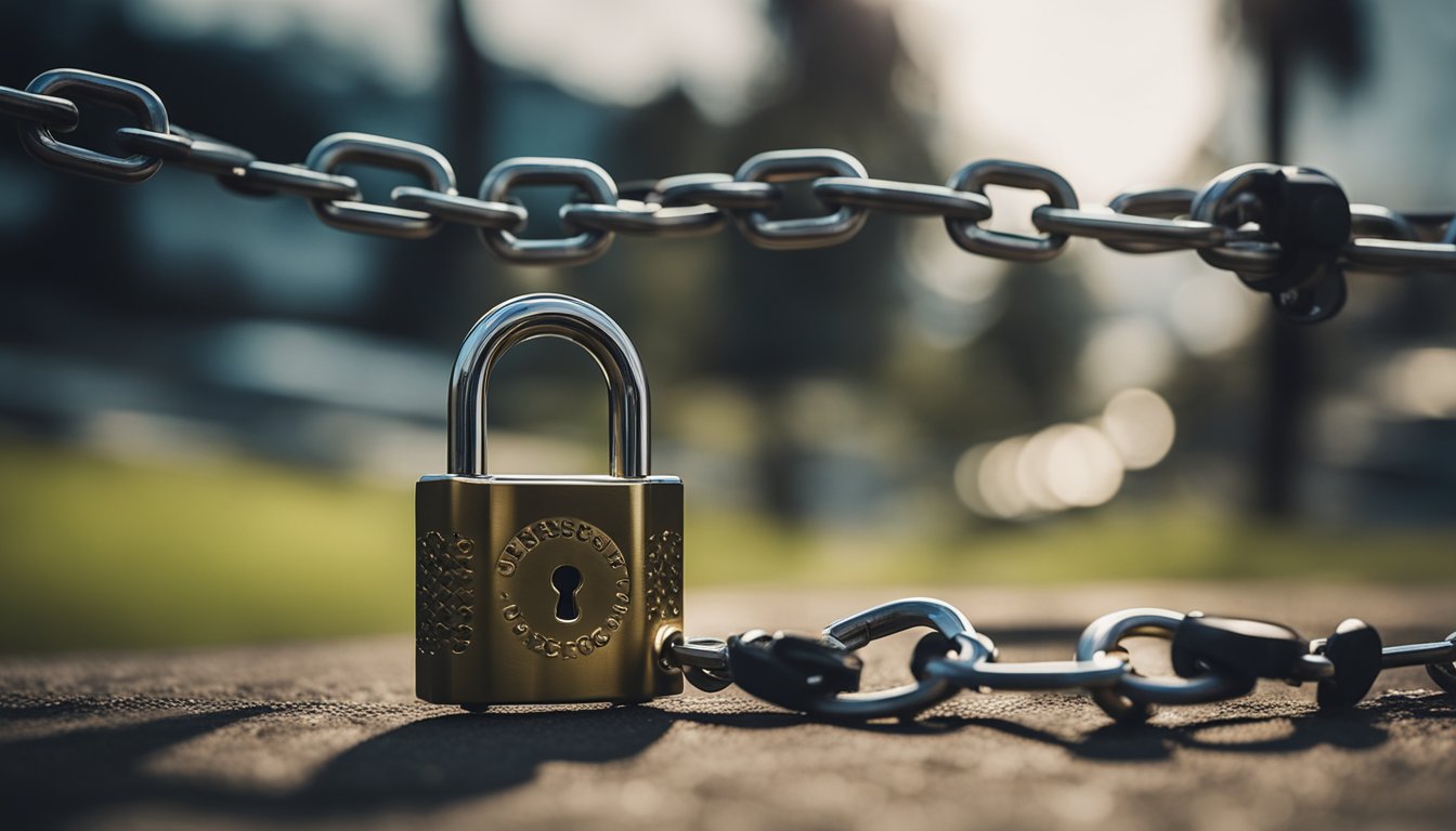 A traveler securing their belongings with a padlock and chain, while keeping an eye on their surroundings